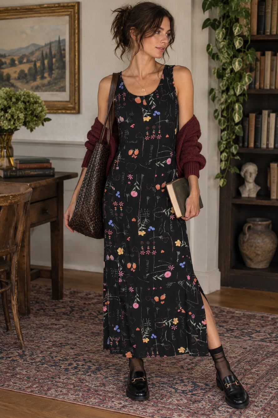 Nina Piccalino Black Fruit and Floral Vintage 90s Dress size M